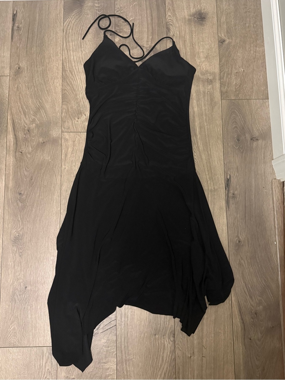 Together Black Asymmetrical Spaghetti Strap Slip Dress